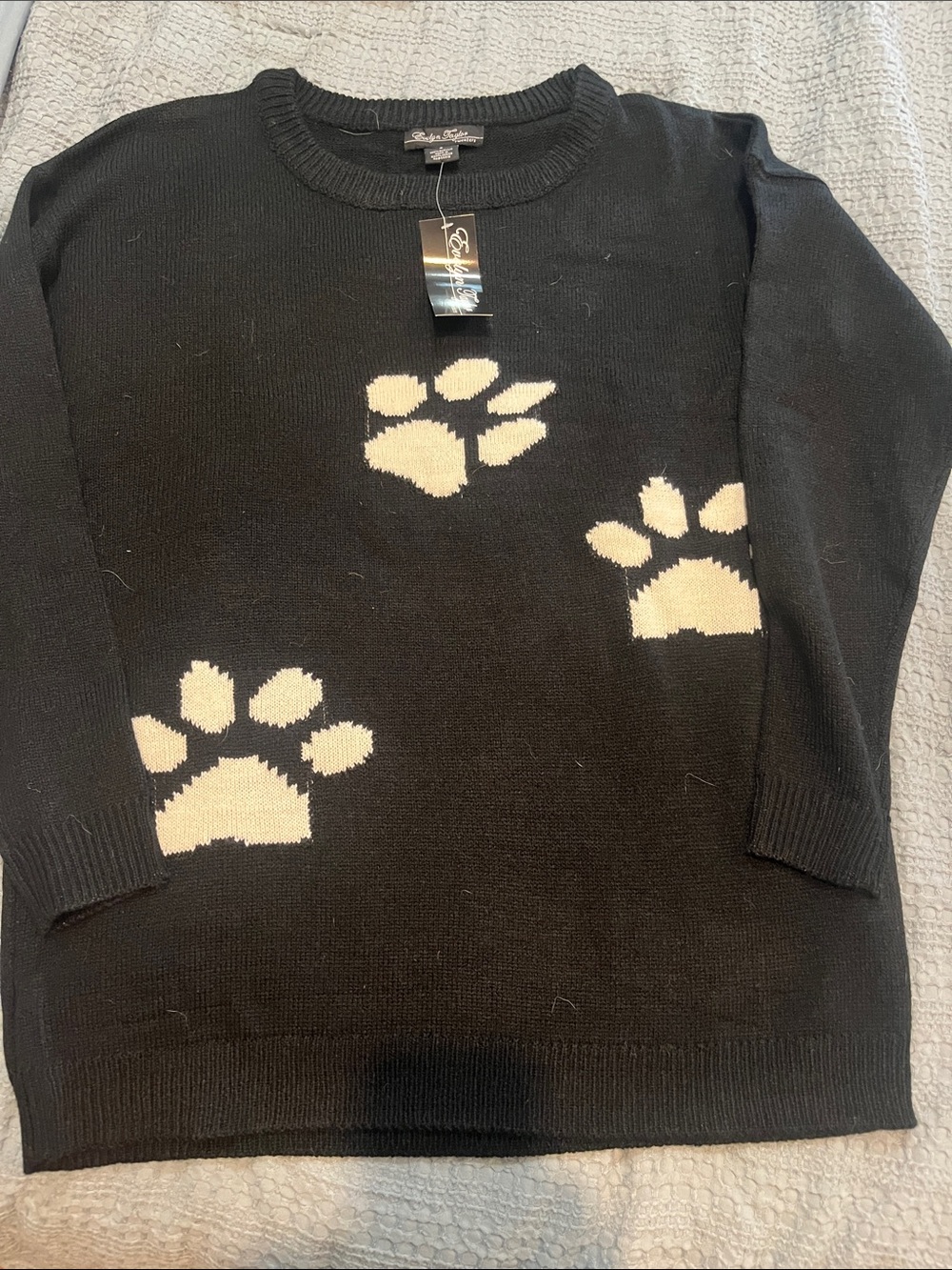 Black Sweater with Cream Paw Prints